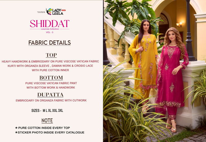 Shiddat Vol 3 By Lady Leela Viscose Embroidery Kurti With Bottom Dupatta Wholesale Shop In Surat
